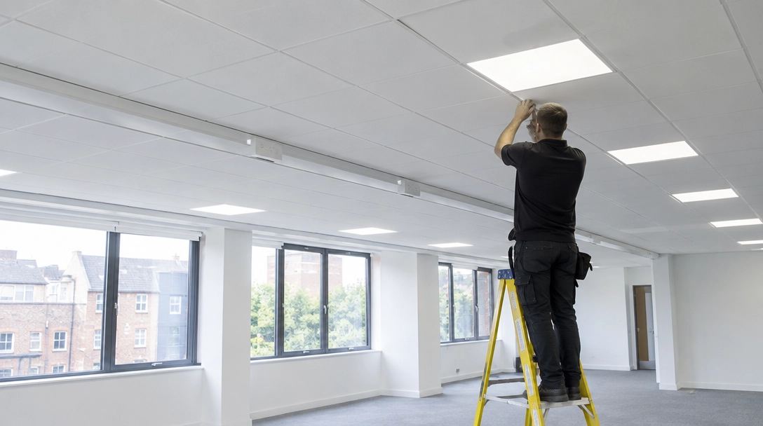 Electrician fitting LED panel lighting in a bright, empty office