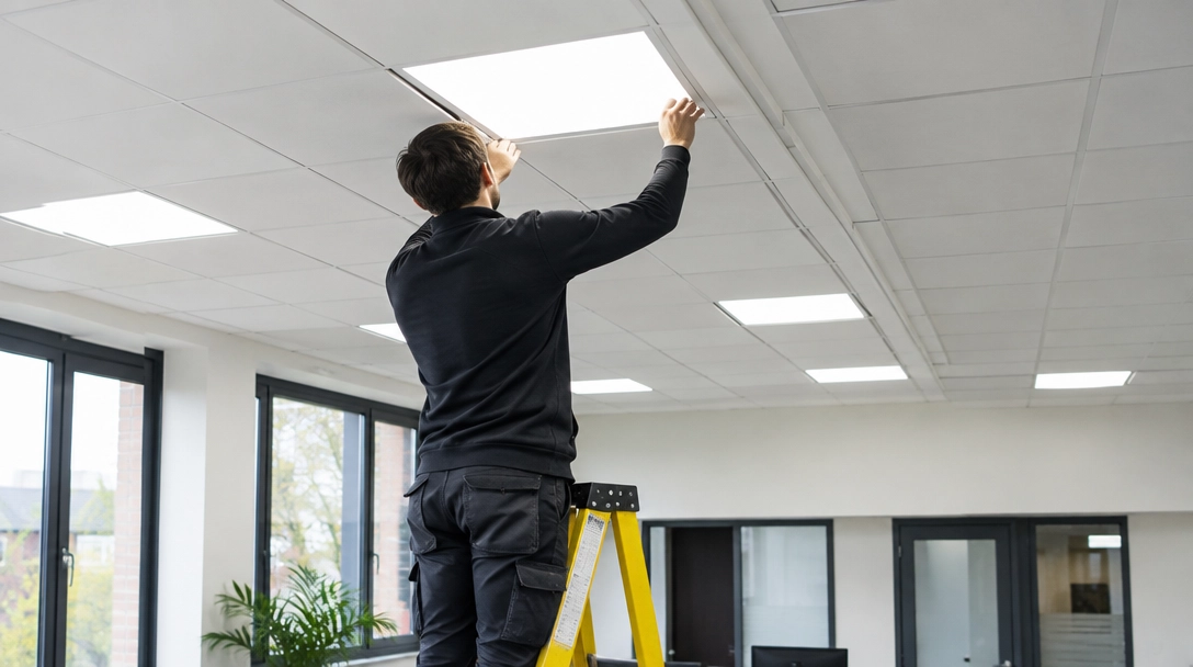 Electrician installing a ceiling LED panel in an open-plan office