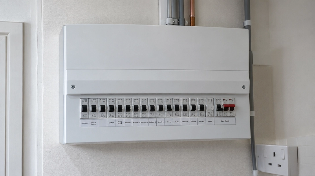 Modern white consumer unit fitted on a utility room wall
