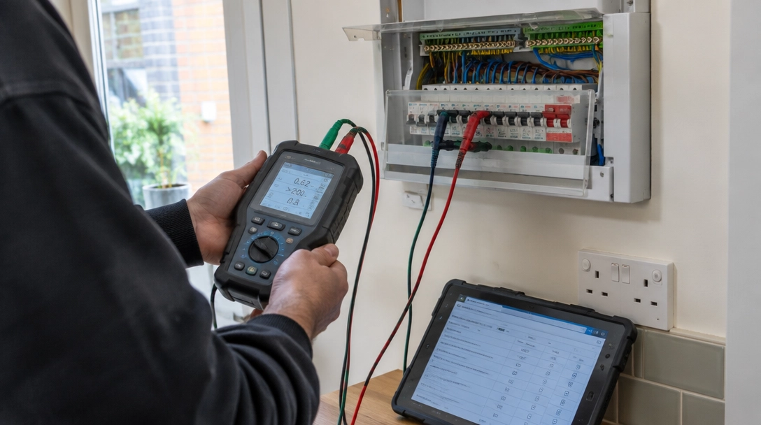 Electrician testing circuits with a multifunction tester and recording results on a tablet