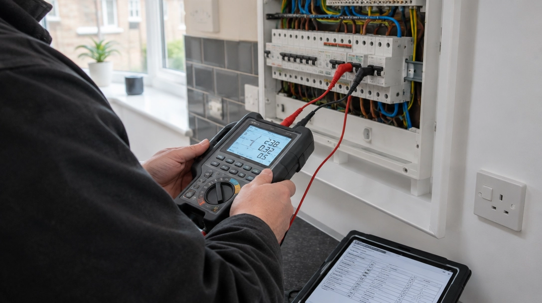 Multifunction tester connected to a consumer unit during an electrical inspection