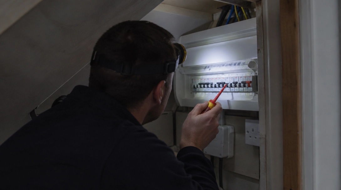 Electrician using a voltage tester at a consumer unit by torchlight