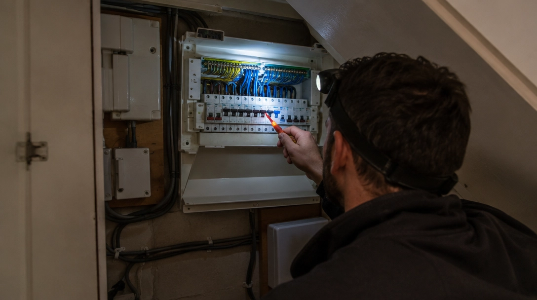 Electrician with a head torch fault-finding at a consumer unit under the stairs