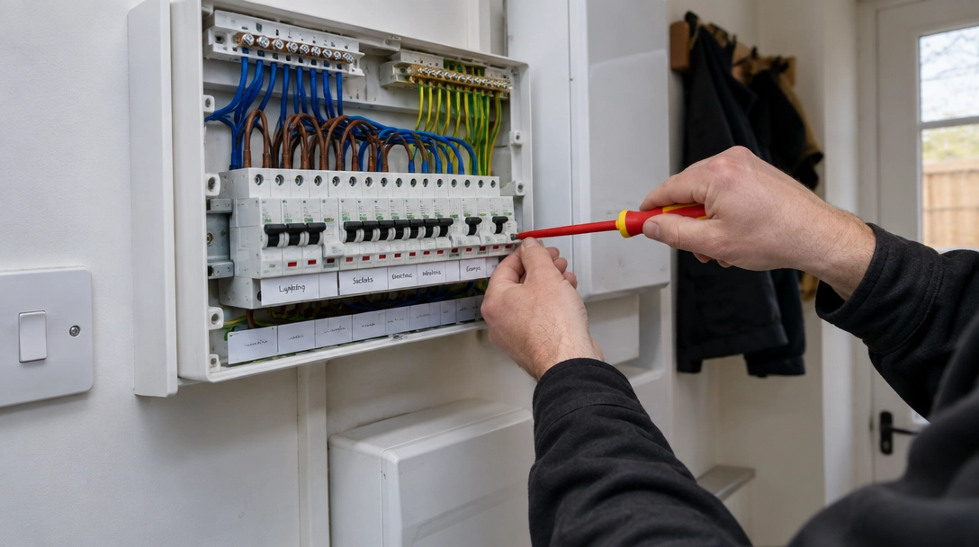Electrician adjusting a circuit breaker in a consumer unit with a screwdriver