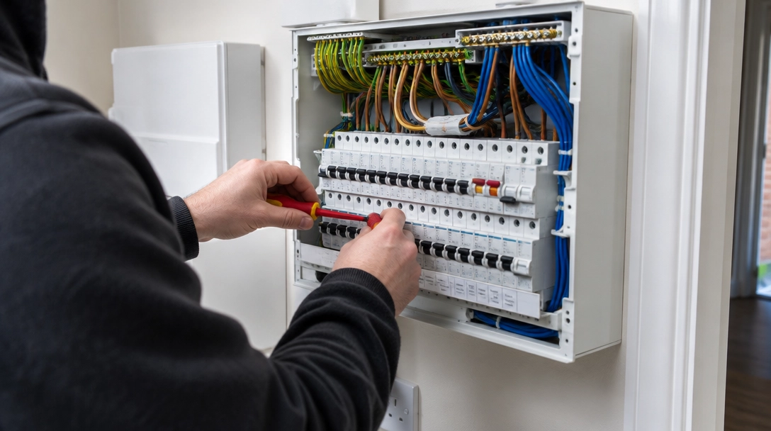Electrician working on the wiring inside an open consumer unit