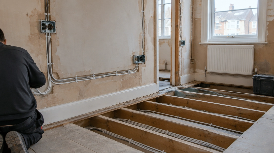 First-fix rewire with new cables clipped along the walls and floorboards up