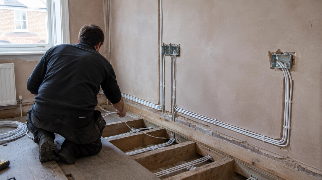 Electrician running new cables under the floor joists during a house rewire